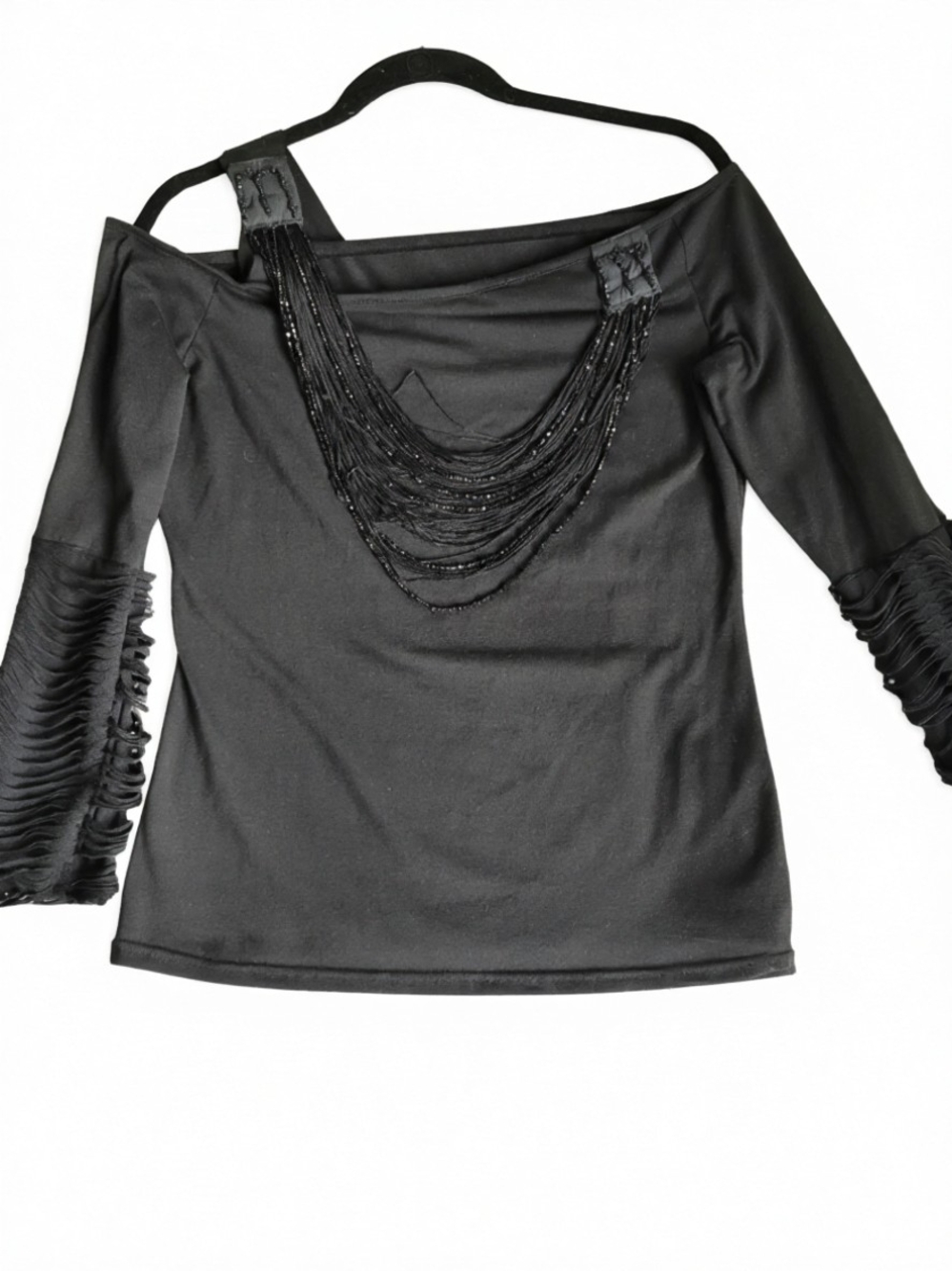 Gothic Style Black Off-Shoulder Long Sleeve Top with Beaded Strap Detail